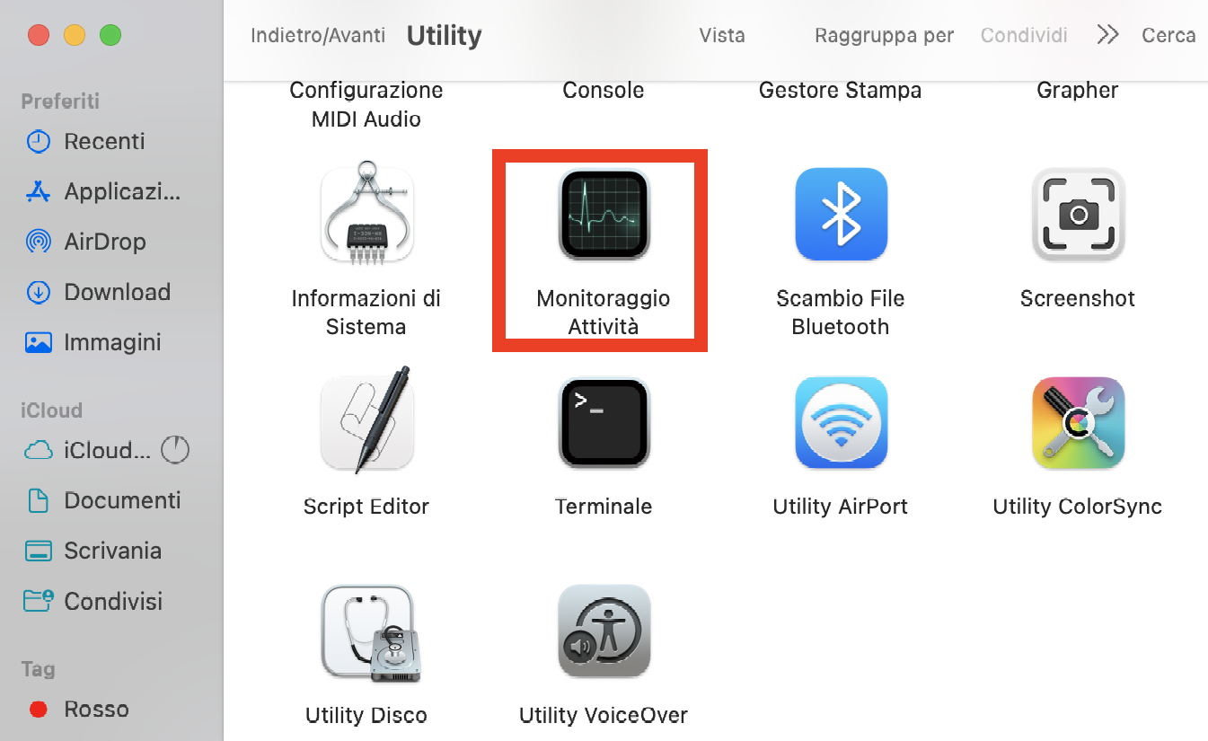 L'icona di Monitoraggio attività all'interno della cartella Utilità del Finder su Mac. Utilizzate Monitoraggio attività per individuare i processi sospetti se volete sapere come verificare la presenza di malware su Mac.