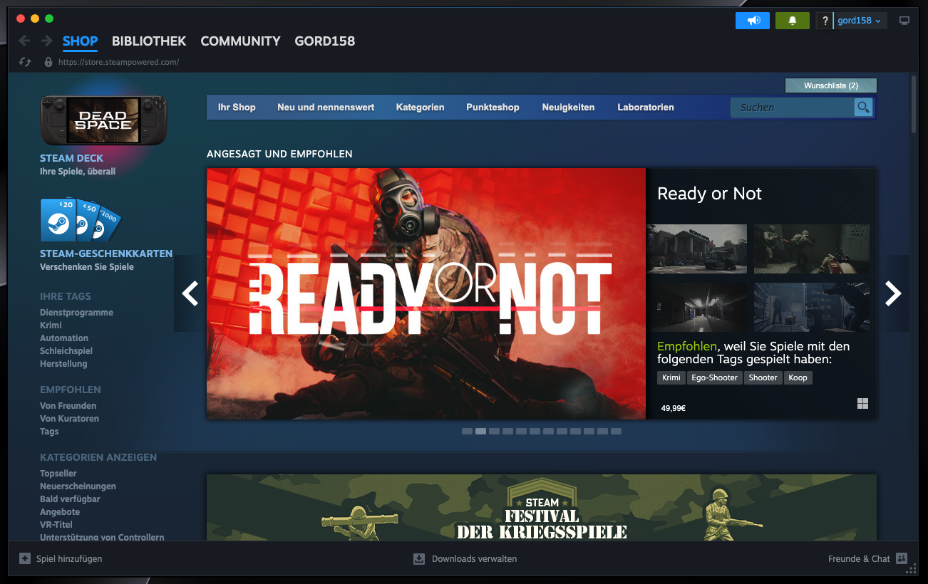 Der Steam Store auf Mac, der als Erstes angezeigt wird, wenn sich ein Benutzer bei Steam anmeldet.