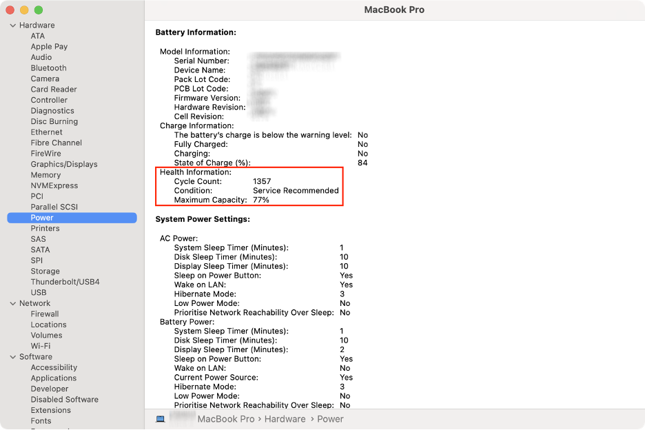 To check whether the battery in a second-hand Mac is damaged, go to the Power section and look for its health status under Battery Information.