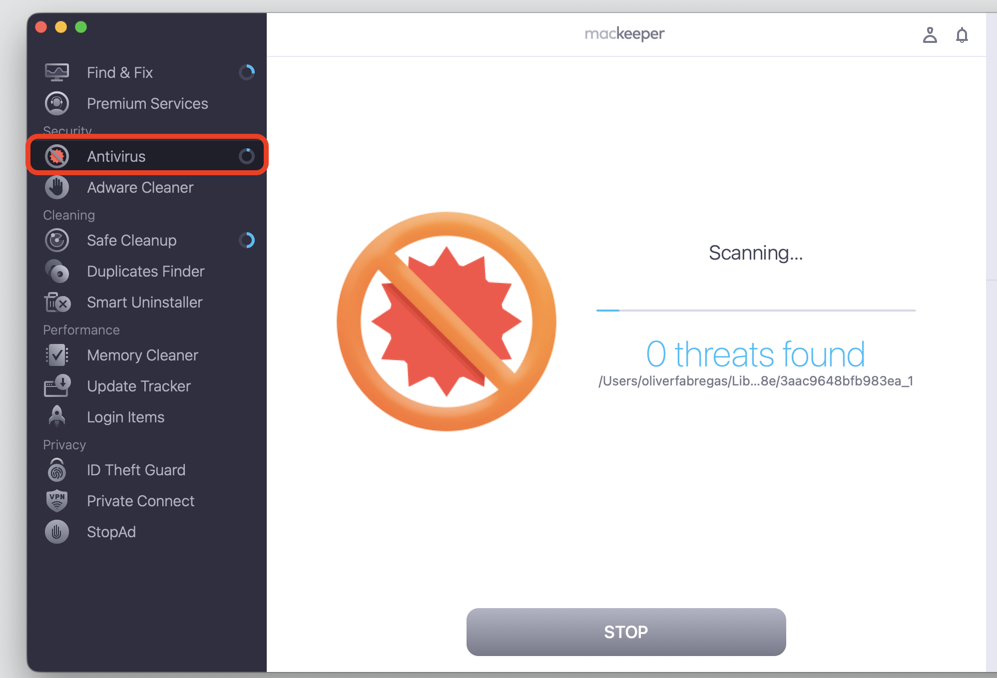 MacKeeper's Antivirus running a full scan on macOS, ruling out malware that could keep codesign at high CPU on your Apple laptop.