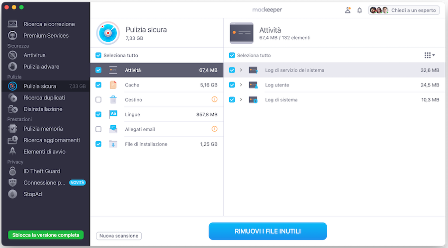 MacKeeper su Mac mostra l’utilità Pulizia Sicura. Clicca su Avvia scansione per trovare tutti i file nascosti, poi seleziona Pulisci file inutili per rimuoverli.