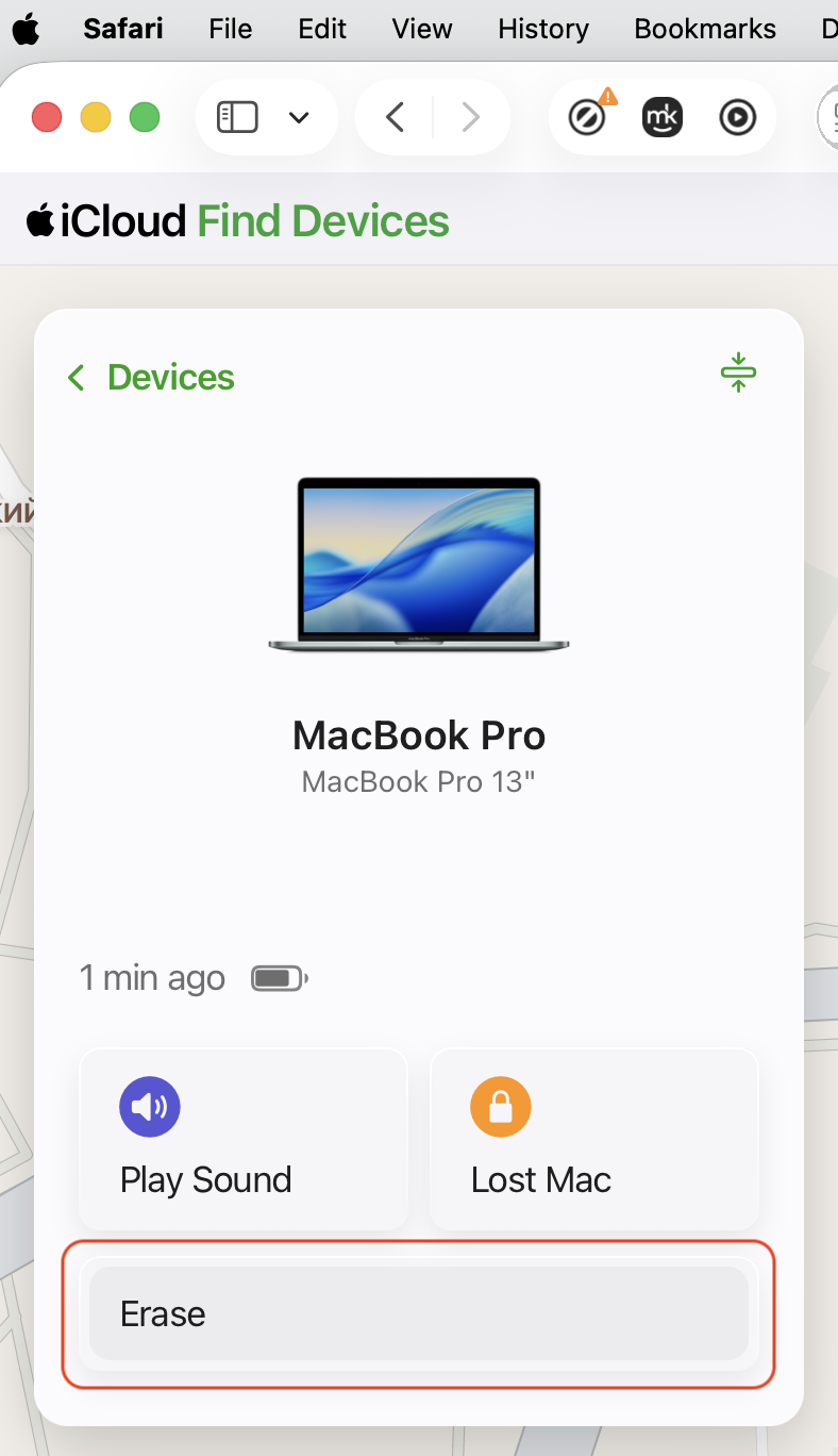iCloud Find My web page showing the Erase This Device option to remotely wipe a Mac desktop signed in with your Apple ID from a browser.