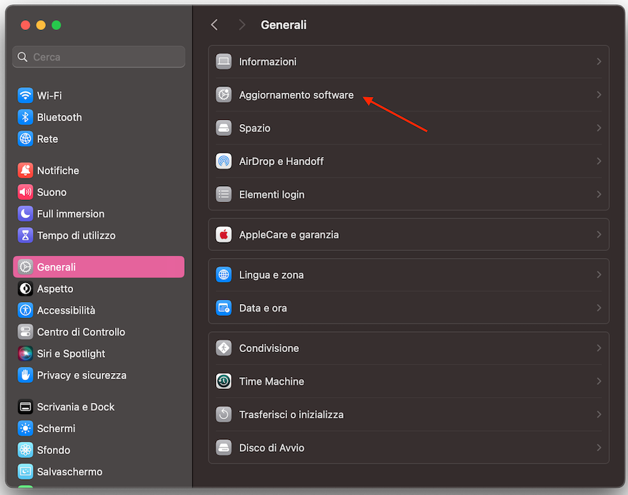 Per verificare se il tuo macOS necessita di un aggiornamento per migliorare la velocità di avvio, apri Impostazioni di sistema, quindi clicca su Generali > Aggiornamento software.