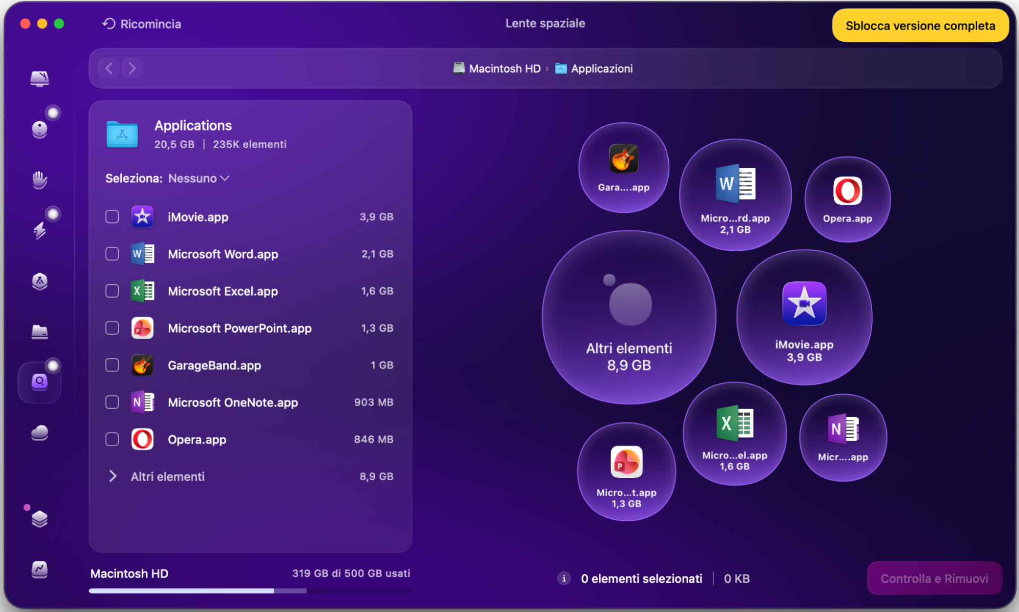 Per aiutarti a confrontare i due strumenti con la funzione Lente Spaziale, ti ricordiamo come si presenta nell’app CleanMyMac.