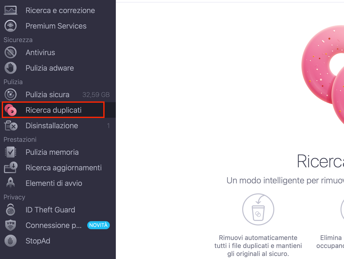 Nella barra laterale sinistra dell’app di MacKeeper, la funzione Ricerca Duplicati ti aiuta a trovare i file di cui hai più copie. In questo modo potrai liberare ancora più spazio.
