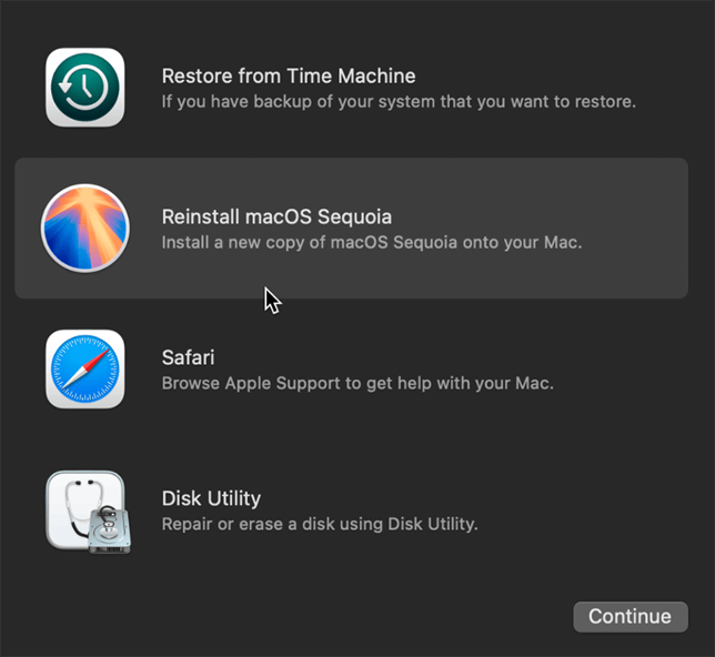To reinstall macOS on your Mac and solve the disimagesiod high CPU usage error, hold down the power button and select Reinstall macOS.