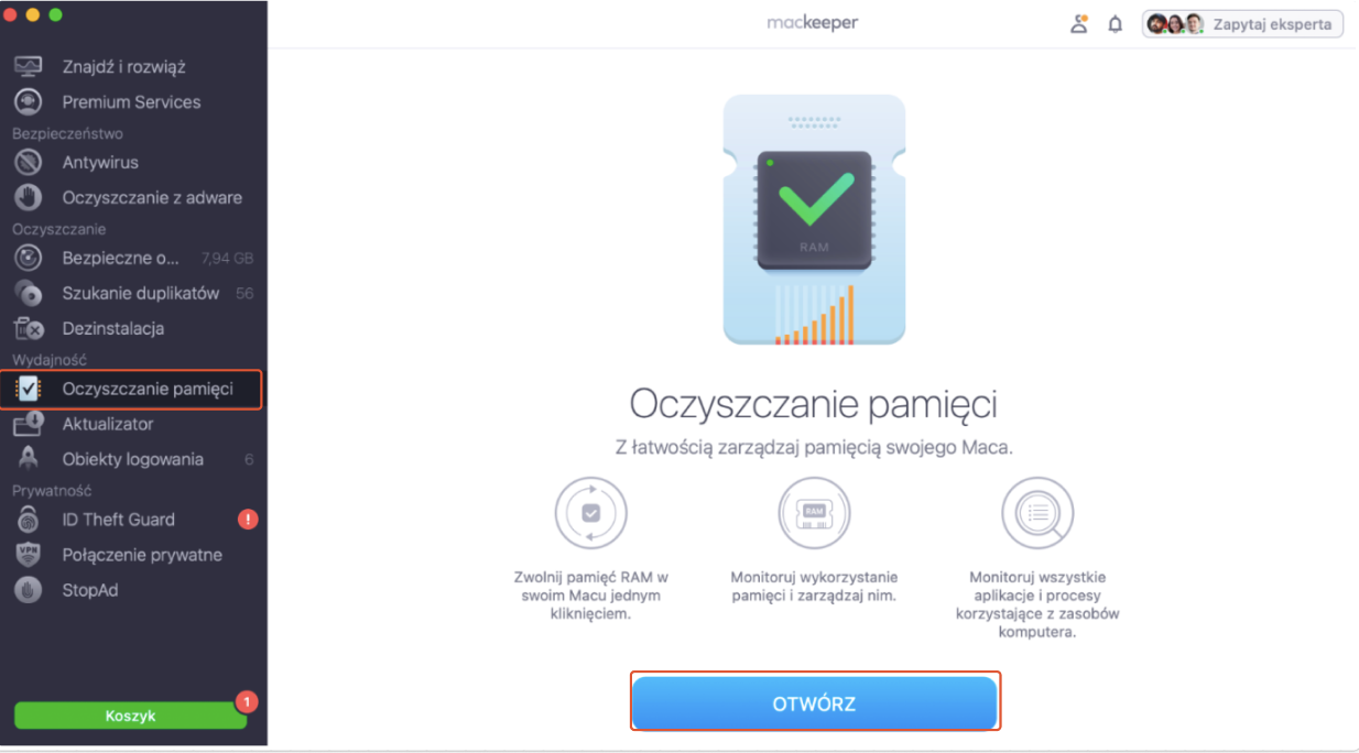 Aby zwolnić pamięć RAM i uniknąć awarii aplikacji, otwórz MacKeeper i wybierz Memory Cleaner z menu bocznego. Następnie po prostu kliknij Wyczyść pamięć, a Twoja pamięć RAM zostanie zwolniona w kilka sekund.
