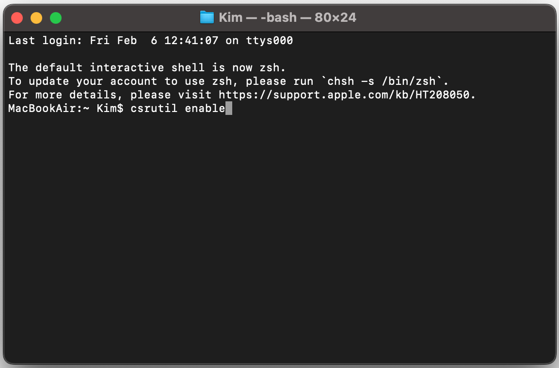 Per riattivare SIP dopo aver disinstallato Safari dal Mac, digita csrutil enable e premi Invio. Poi riavvia il Mac normalmente.