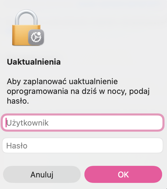 Jeśli Twój Mac znalazł dostępne aktualizacje, po wykonaniu kopii zapasowej ważnych plików i zamknięciu niepotrzebnych aplikacji możesz rozpocząć aktualizację, wprowadzając nazwę użytkownika i hasło administratora. Aktualizacja rozpocznie się natychmiast.