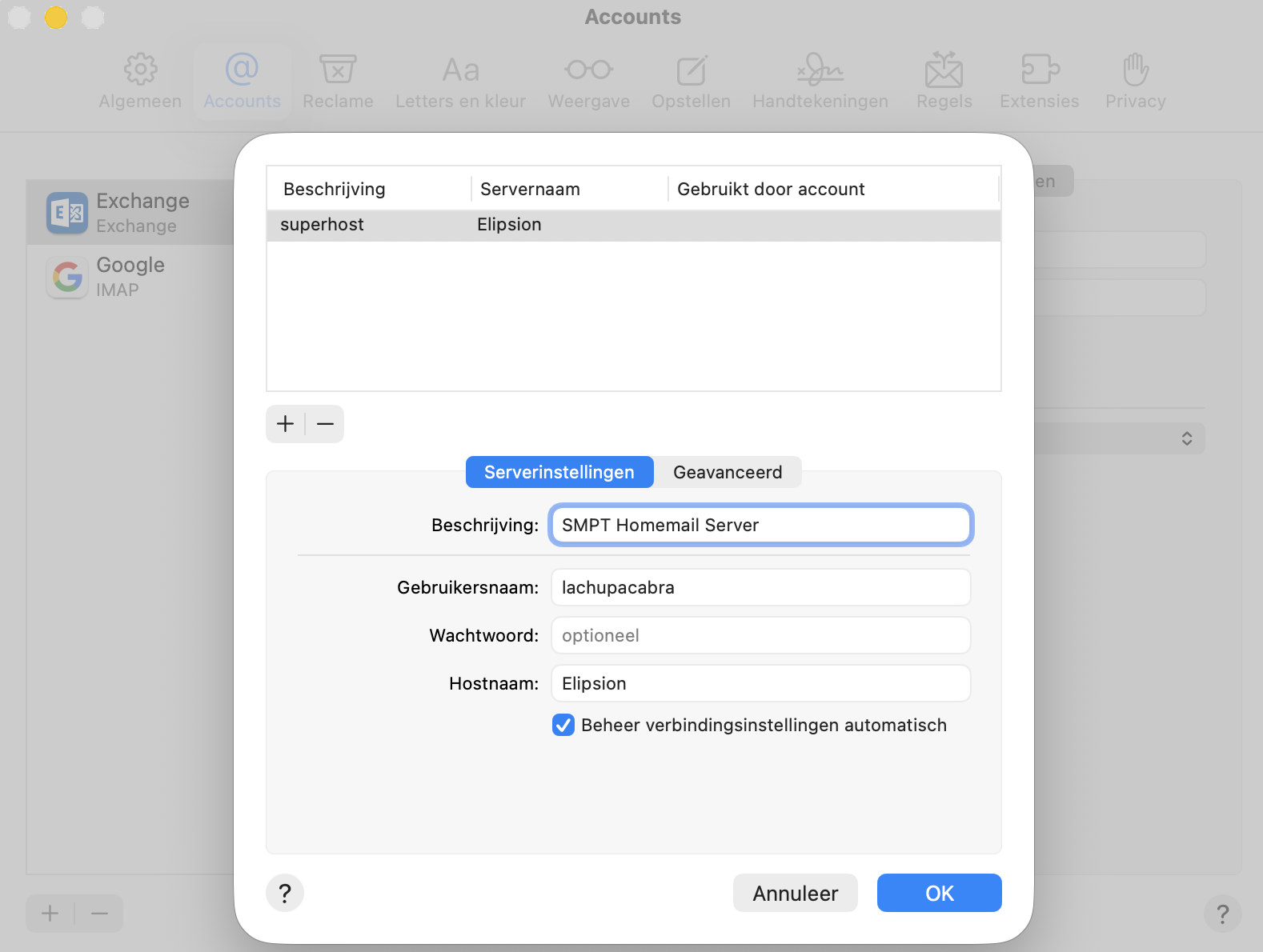 Tot slot vul je, voordat je een e-mail opstelt, de accountgegevens in, inclusief het veld  Poort, en klik je op OK om je keuze te bevestigen.