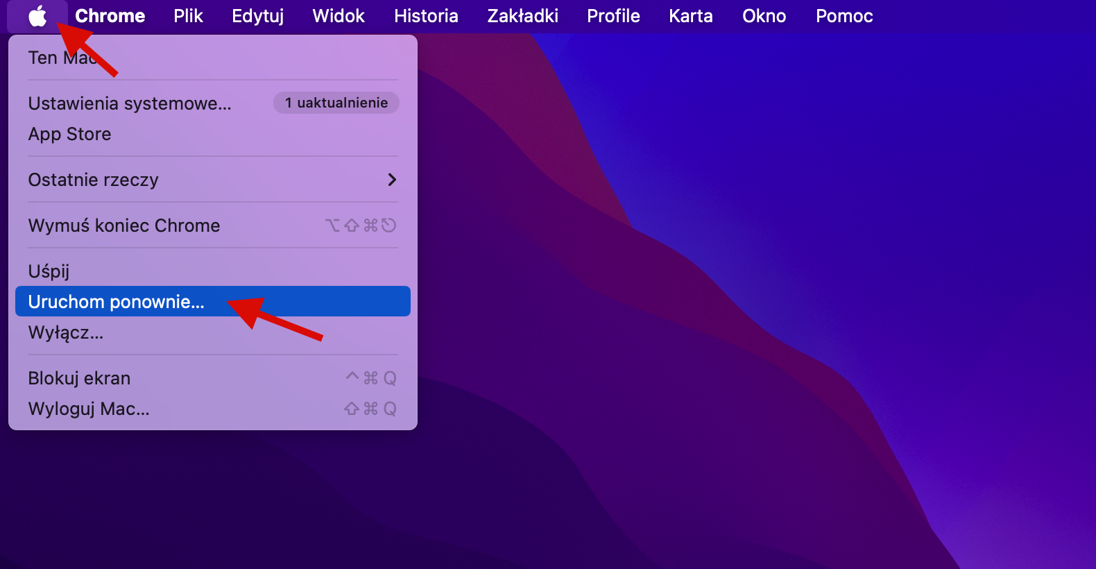 Opcje dostępne na pasku menu Apple na Macu. Kiedy zewnętrzny dysk twardy nie jest wykrywany, pierwszym krokiem jest ponowne uruchomienie Maca, aby zobaczyć, czy to rozwiąże problem.