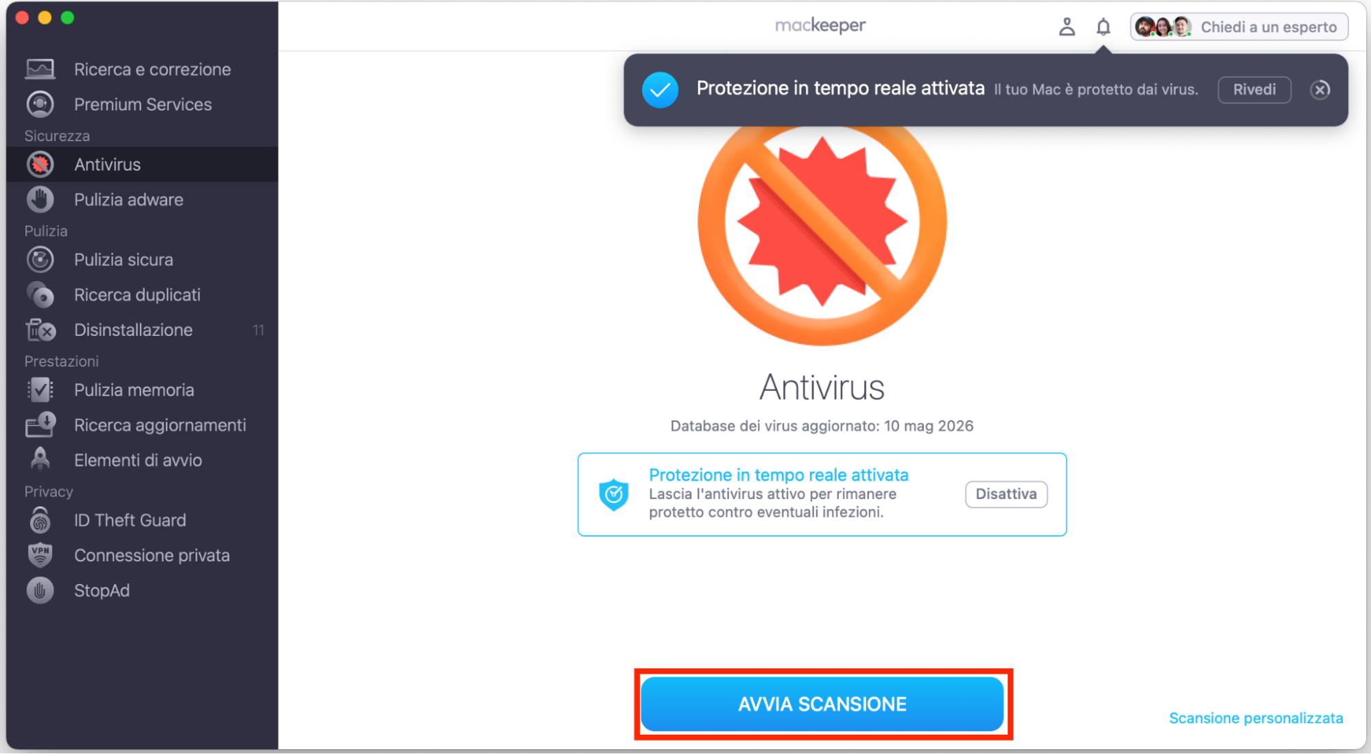 L’Antivirus di MacKeeper. Il pulsante Avvia Scansione è evidenziato. Come installare un software antivirus ed eseguire una scansione, parte di una guida su come bloccare i falsi pop-up McAfee su Mac.
