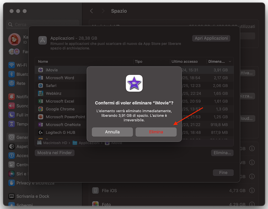 Le Impostazioni di Sistema su Mac mostrano un’app in fase di disinstallazione. Per confermare l’eliminazione, clicca su Elimina.