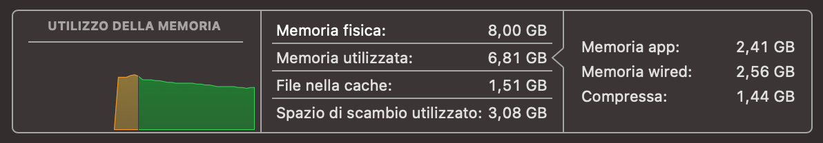 Scheda Memoria di Monitoraggio Attività che mostra il grafico Pressione memoria e dettagli tra cui Memoria fisica, Memoria utilizzata, File in cache, Swap utilizzato, Utilizzo app, Memoria kernel e Compressa.