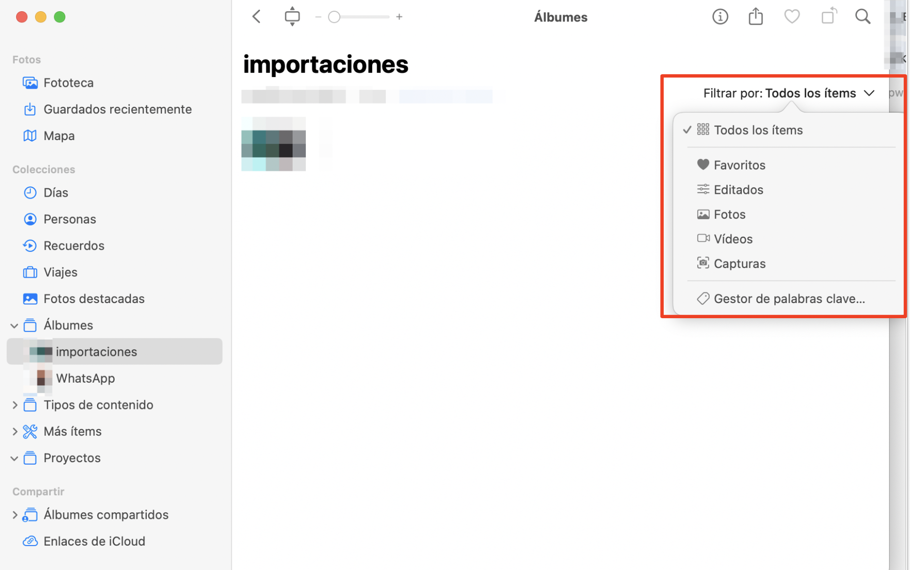 Puedes filtrar tus fotos como quieras. Para ello, haz clic en Todos los ítems en la esquina superior derecha de la ventana de Importaciones, y elige entre las categorías Favoritos, Editados, Fotos y Vídeos.
