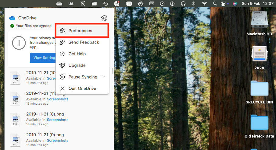 If you want to disable OneDrive on your Mac, you need to unlink your OneDrive account from your Apple computer. Click the OneDrive icon then select 'Preferences'.