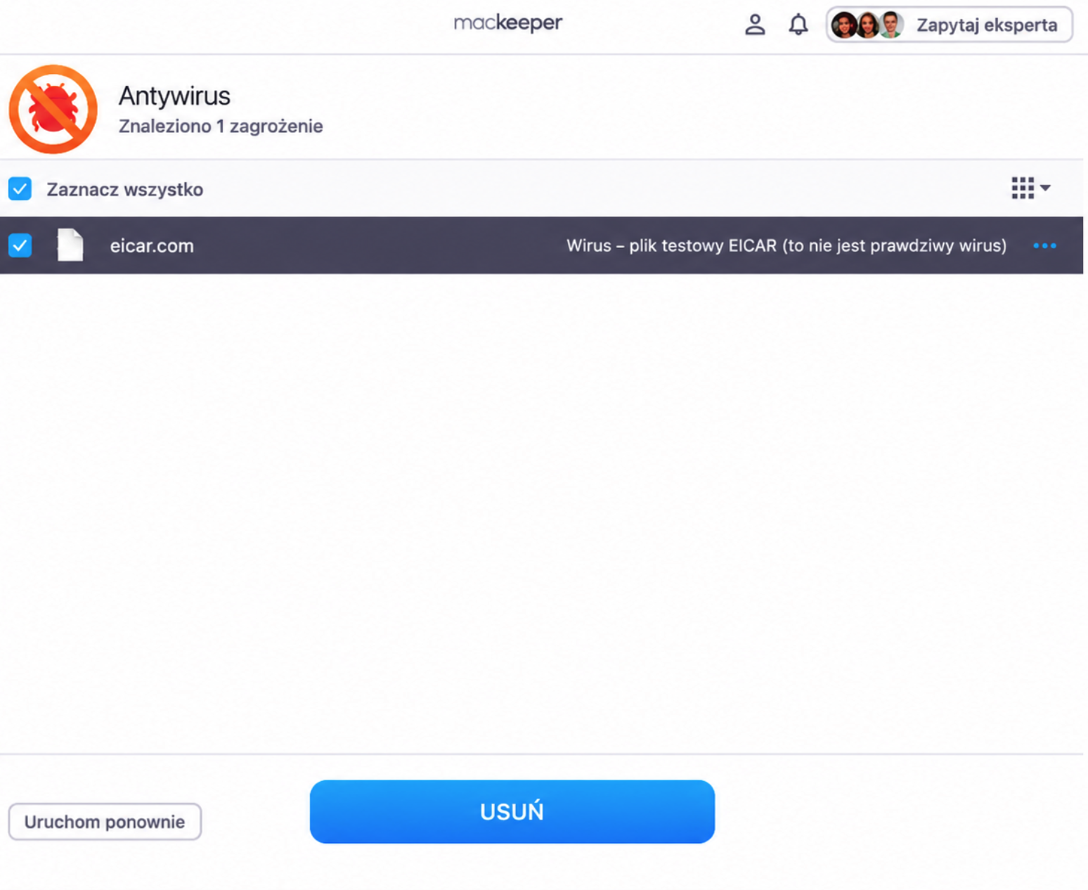 Aby usunąć całe złośliwe oprogramowanie znalezione na Macu, kliknij Usuń w aplikacji MacKeeper.