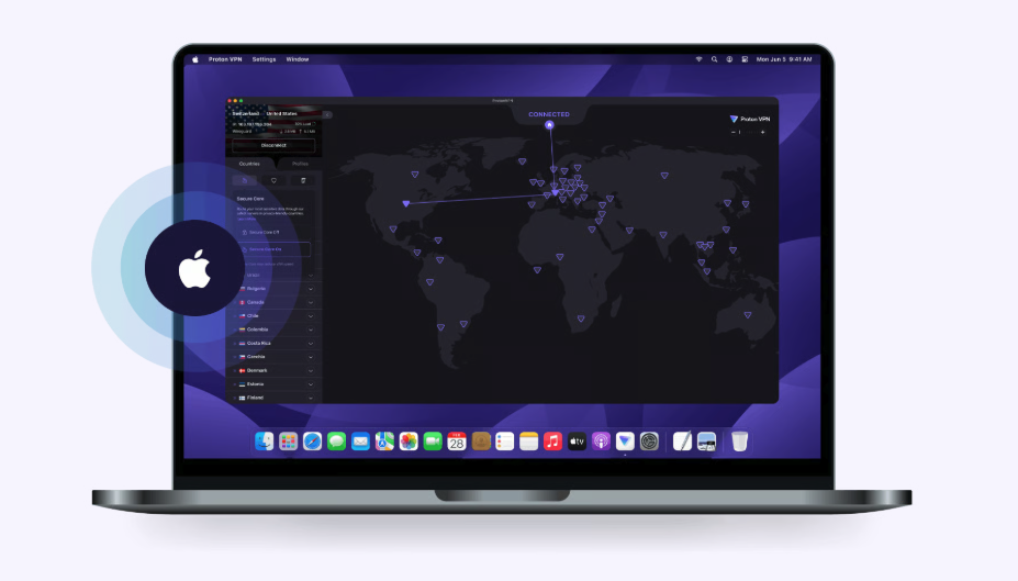 Proton VPN macOS app on a MacBook, connected to a United States server with an interactive world map and the Apple logo marking native Mac support
