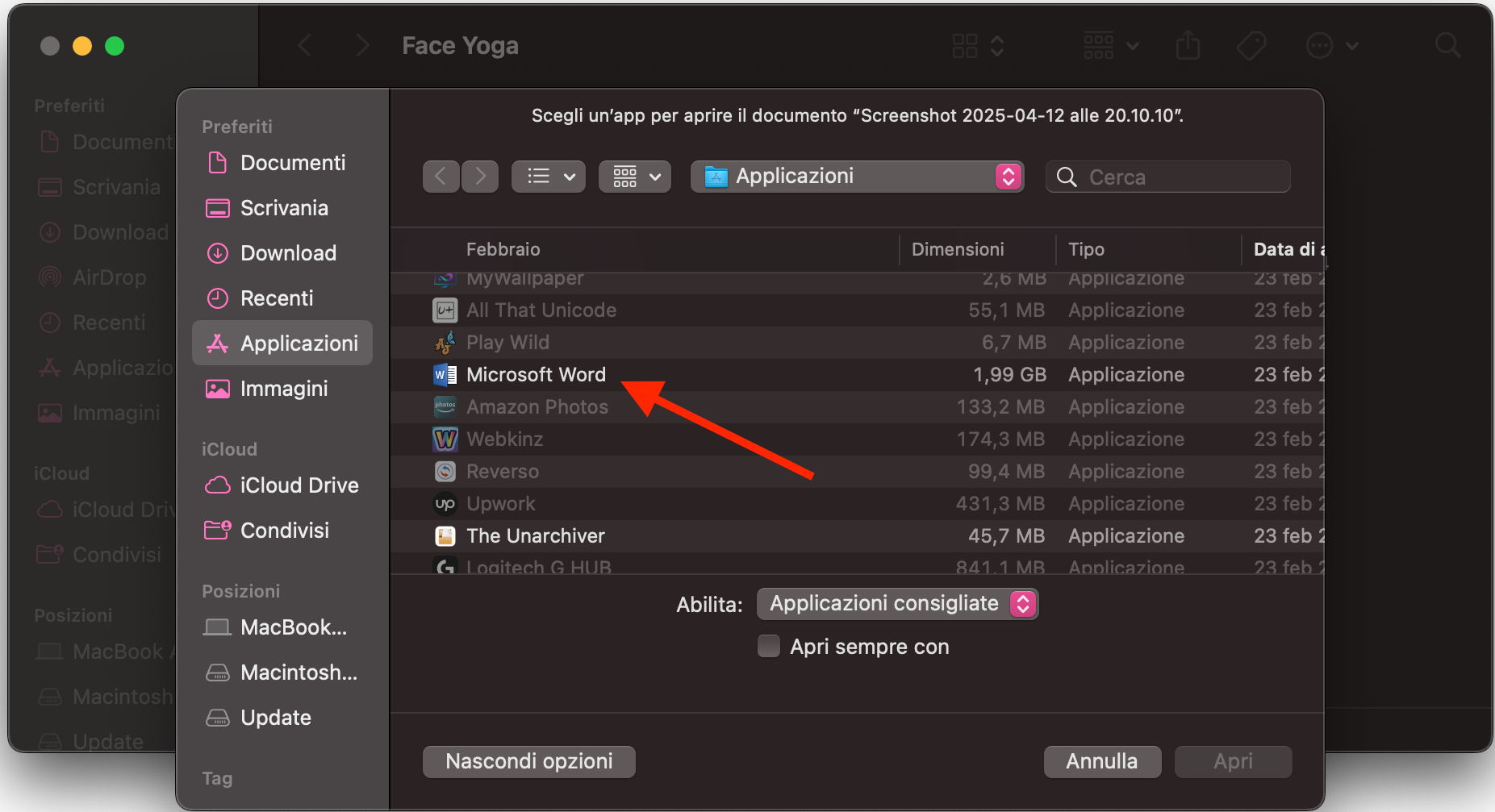 La finestra per scegliere un’app diversa per aprire un file su Mac. Se stai cercando di riparare file danneggiati su Mac, fai clic destro sul file e verifica se si apre con un’app diversa.