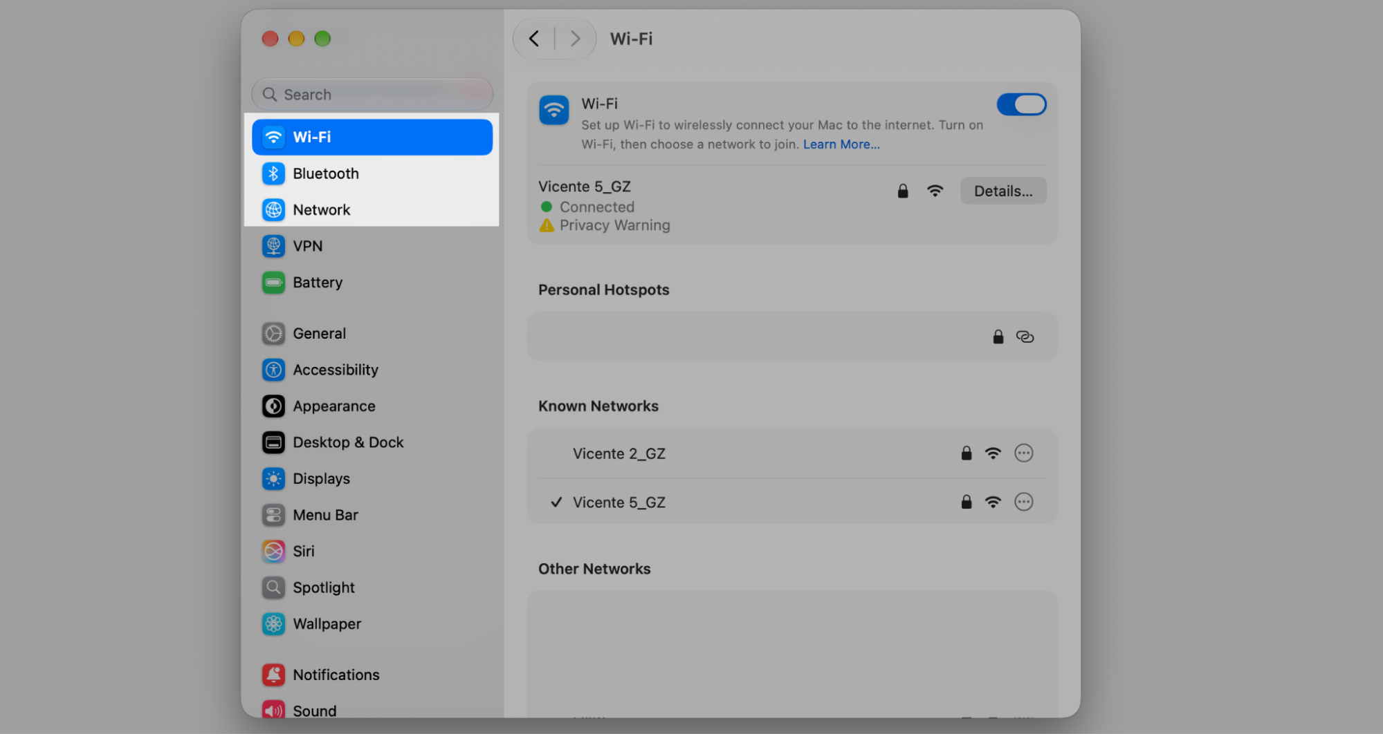 System Settings on macOS with Wi-Fi selected in the sidebar, showing the connected network and Known Networks on this Apple laptop.