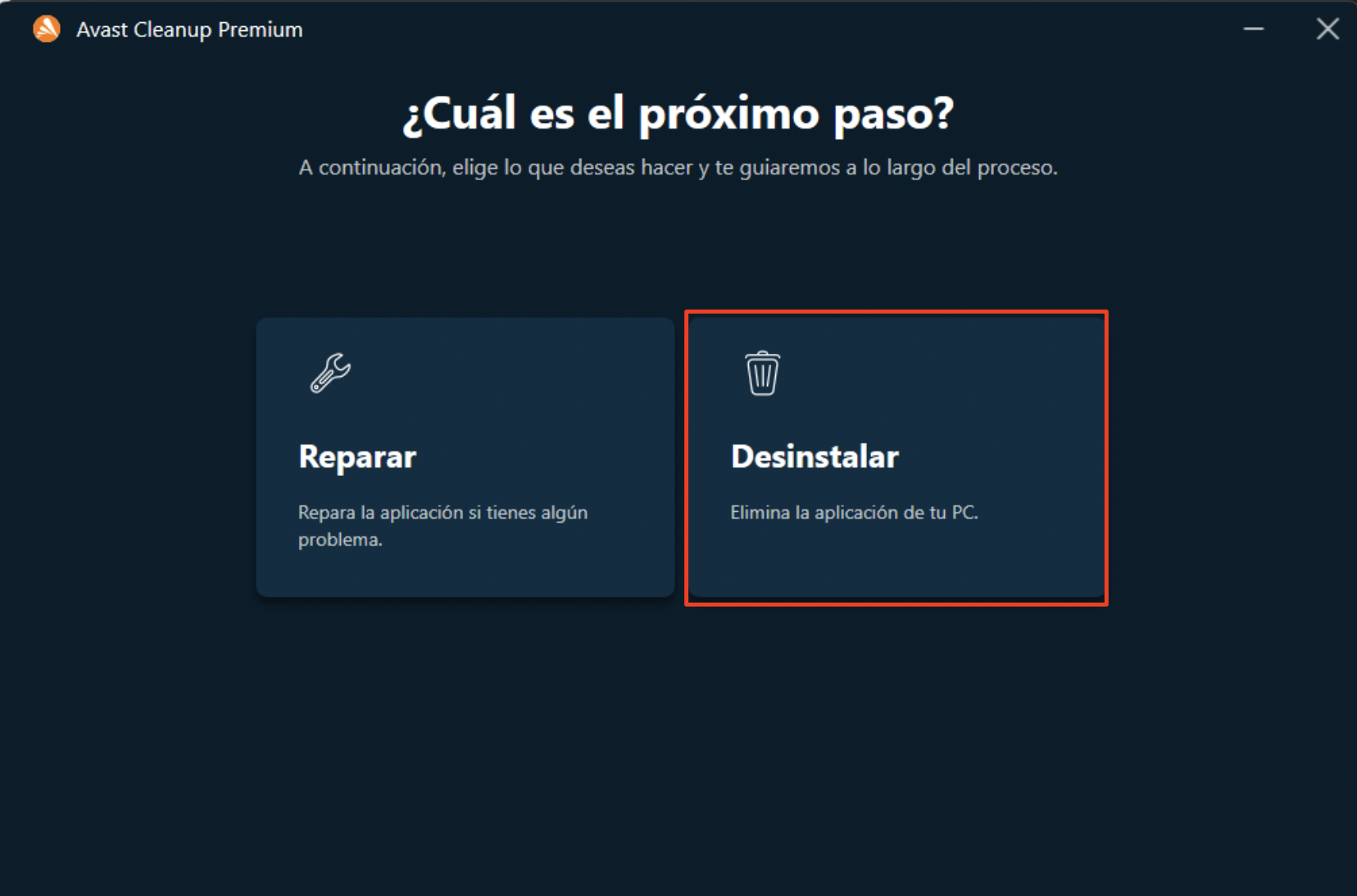Elige la opción desinstalar en la ventana recién abierta Elige la opción desinstalar en la ventana recién abierta