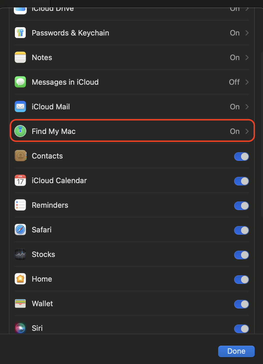Turn on Find My Mac to enable location tracking and remote management features that help protect and recover your device if it goes missing.