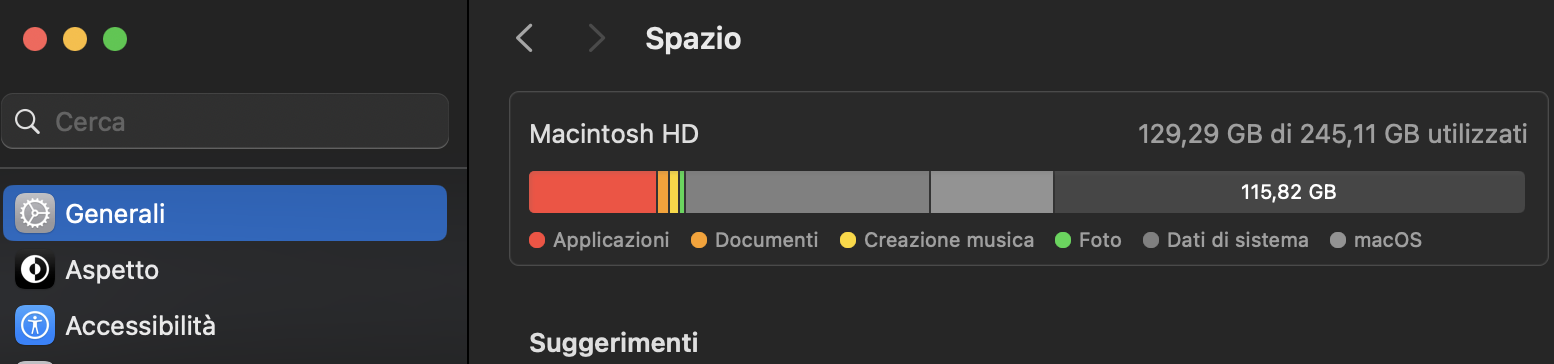 Quando vedi la barra di archiviazione, i dati di sistema appaiono in grigio scuro. Sono visualizzati accanto ai file iOS, alle applicazioni e ad altre categorie.