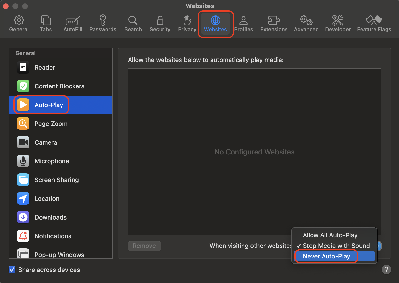 From Safari Settings, disable autoplay in Websites to prevent automatic media loading that can increase CPU usage and contribute to your Mac heating up.