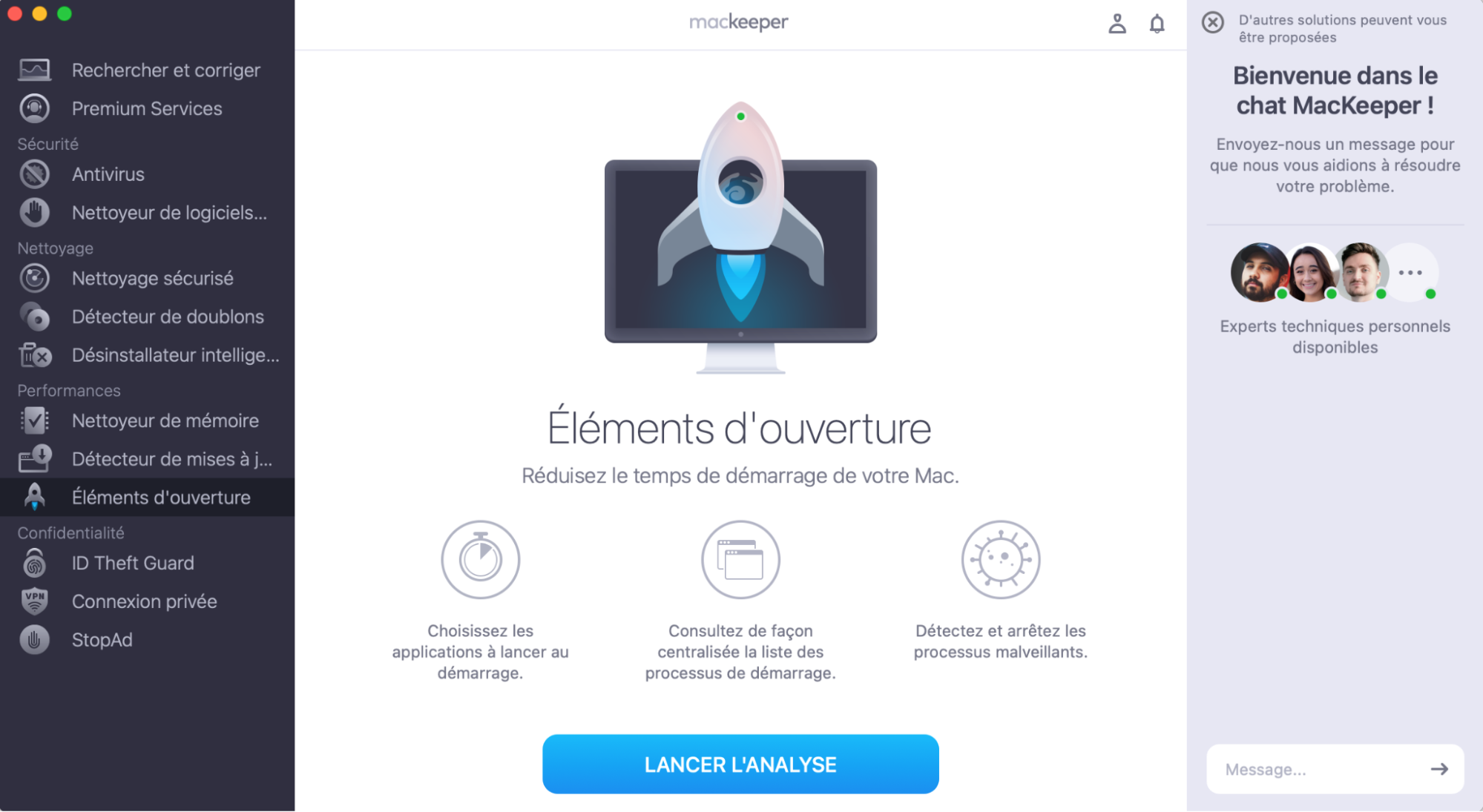 Une fois l’application installée sur votre appareil Macintosh, ouvrez-la et cherchez le menu Éléments d’ouverture dans la barre latérale. Cliquez ensuite sur Lancer l’analyse.