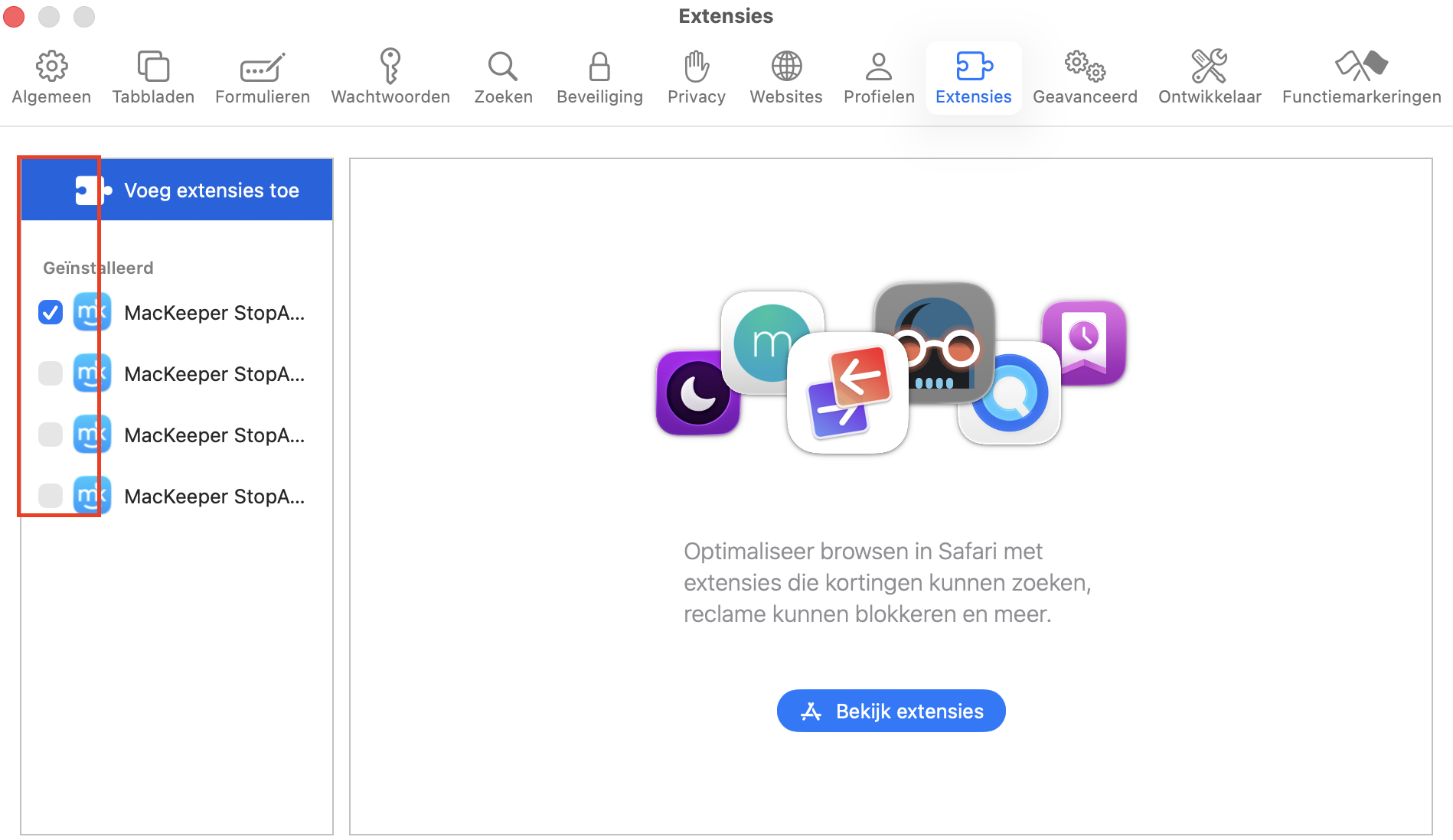 In het venster Extensies kun je aan de linkerkant meerdere Safari-extensies tegelijk selecteren of deselecteren. Zo kun je meerdere extensies in één keer verwijderen en het RAM-geheugen van je Mac ontlasten.