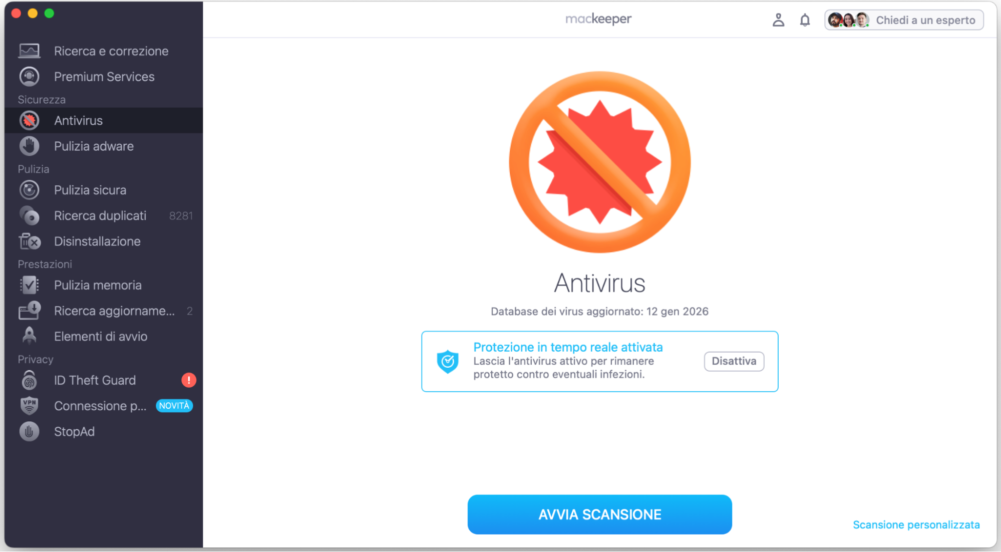 Se usi l’Antivirus di MacKeeper per rilevare e rimuovere un virus trojan su Mac per la prima volta, vedrai il pulsante Avvia Antivirus. Fai clic per preparare il nostro strumento antimalware al lavoro.