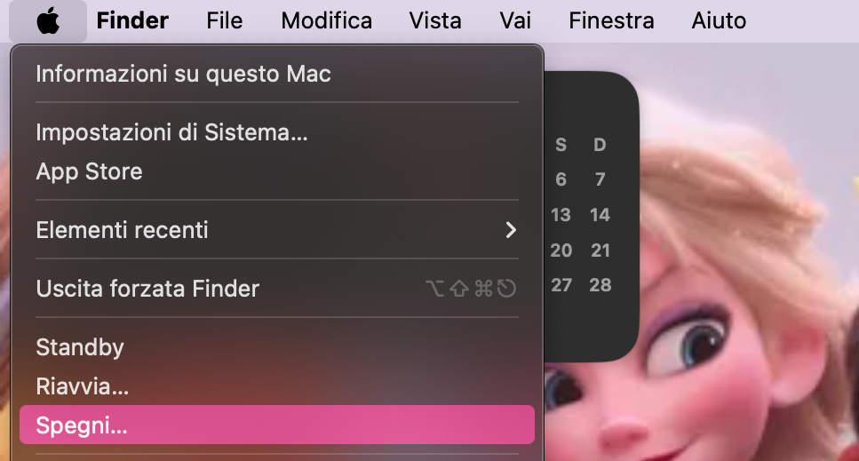 L'opzione Spegni è evidenziata in rosso tramite il menu a discesa dell'icona Apple. Spegnere è il primo passaggio per riportare il Mac alle impostazioni di fabbrica.