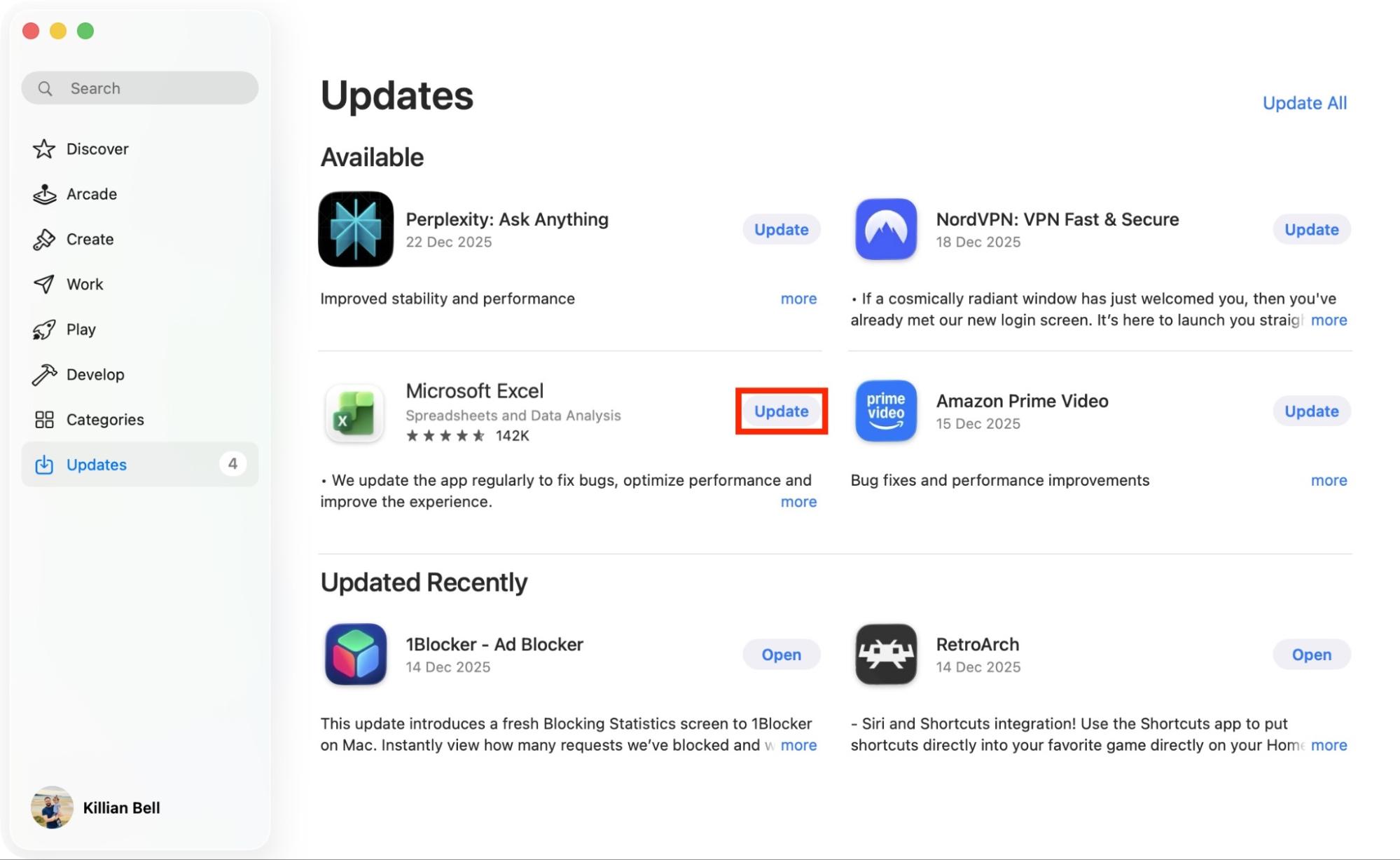 A Microsoft Excel update in the App Store on Mac. When you want to know how to update Excel on Mac, open the App Store, go to Updates, then click Update next to the latest version of Excel.