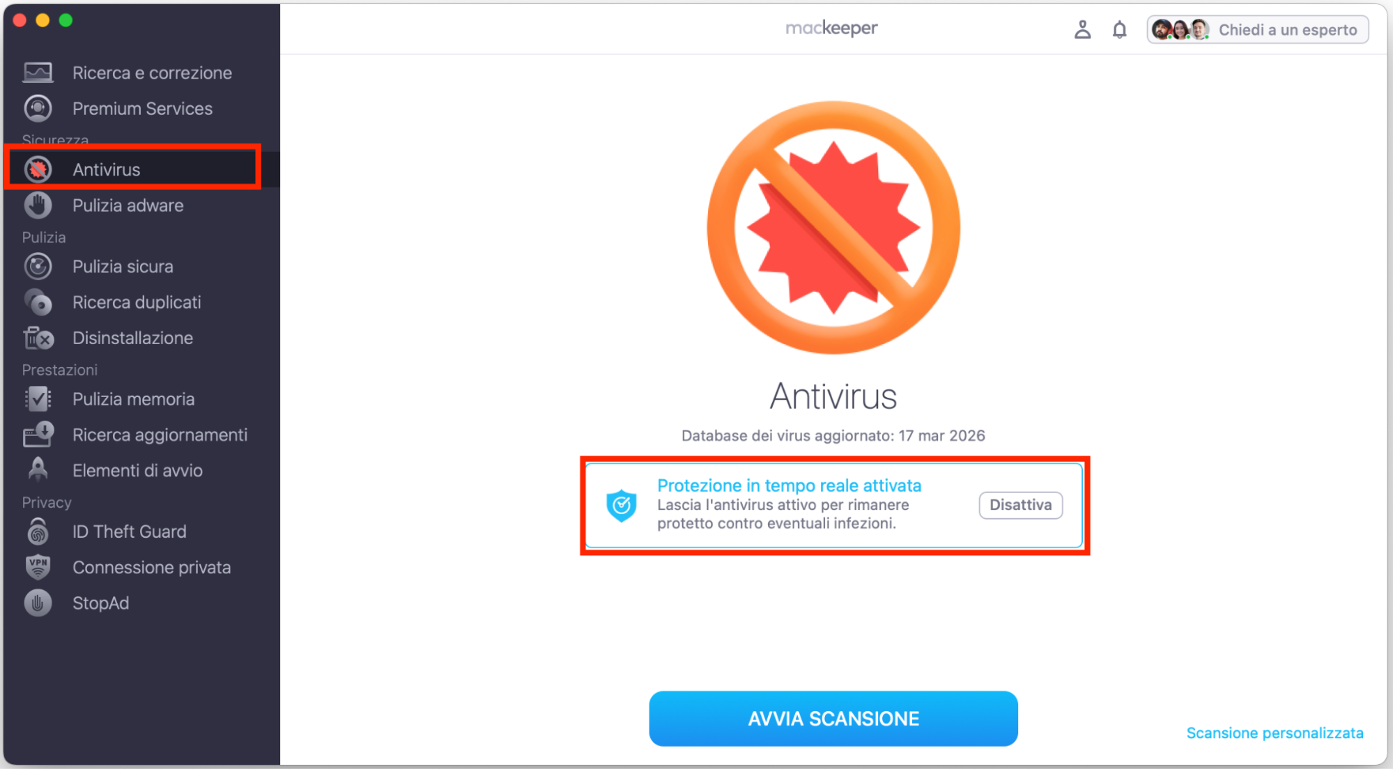 Su Mac, MacKeeper mostra l’utilità antivirus integrata. Fai clic sul pulsante Avanti per iniziare ad attivare la protezione in tempo reale, poi segui i passaggi sullo schermo.