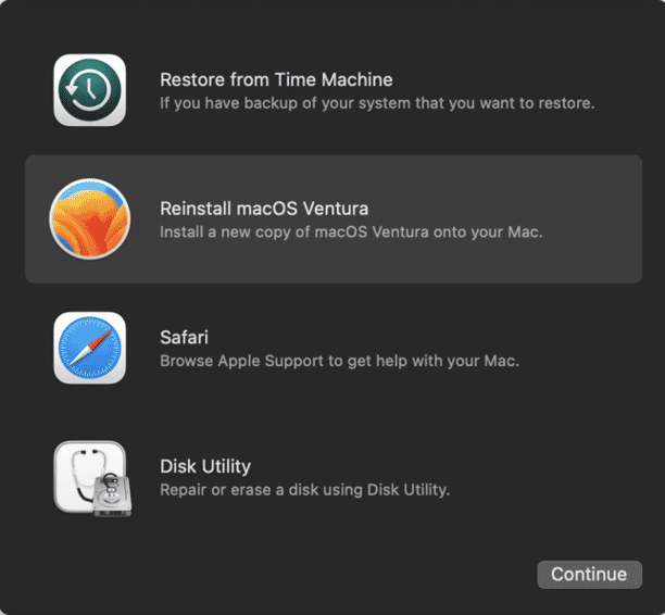Once you see the Recovery Options list, you can let go of the keys and click on Reinstall macOS Ventura. All that’s left is to follow the on-screen instructions to allow the software to download.