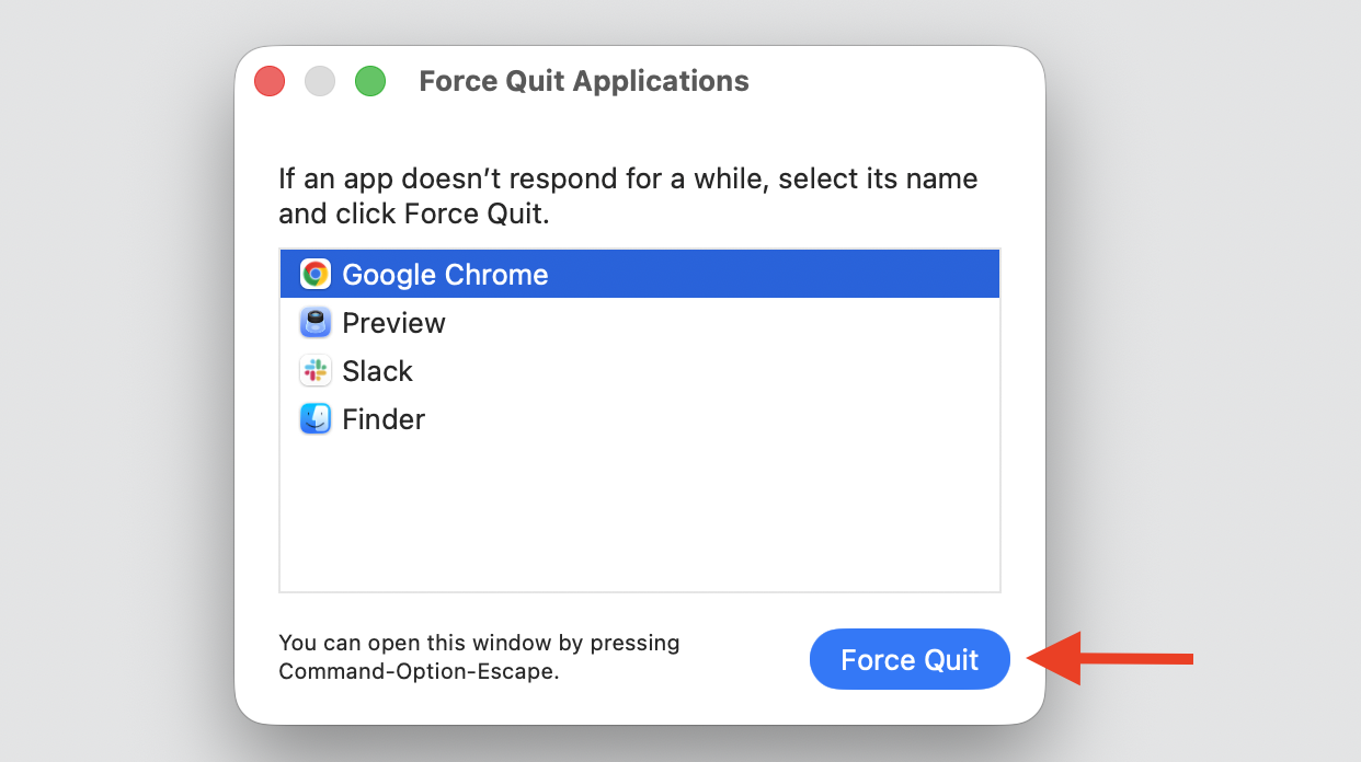The Force Quit window on a MacBook with Google Chrome selected and the Force Quit button ready to close the crashing browser.