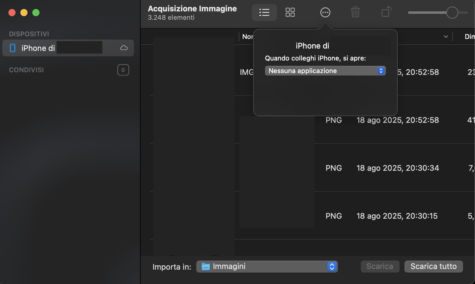 Utilizza Acquisizione Immagine per trasferire le foto. Cerca Acquisizione Immagine in Spotlight. Nella sezione Dispositivi, trova e seleziona il tuo iPhone.