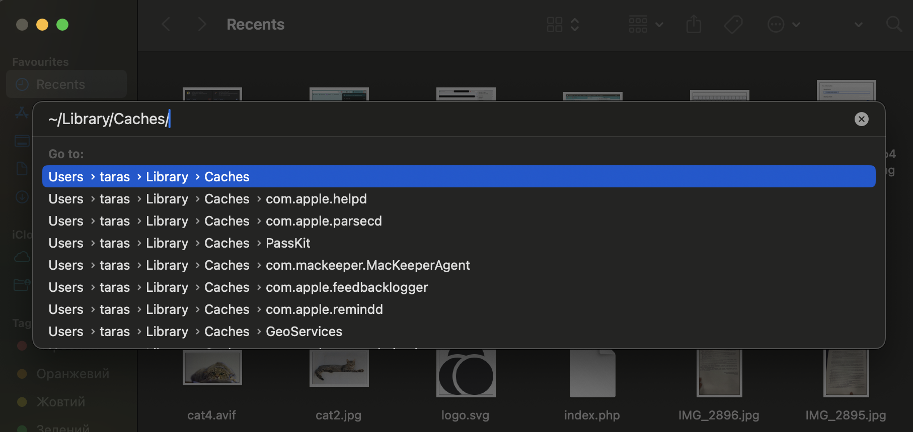 After closing all apps, open Finder, press Command+Shift+G, type ~/Library/Caches/ in the Go to Folder box, and press Return to access caches.