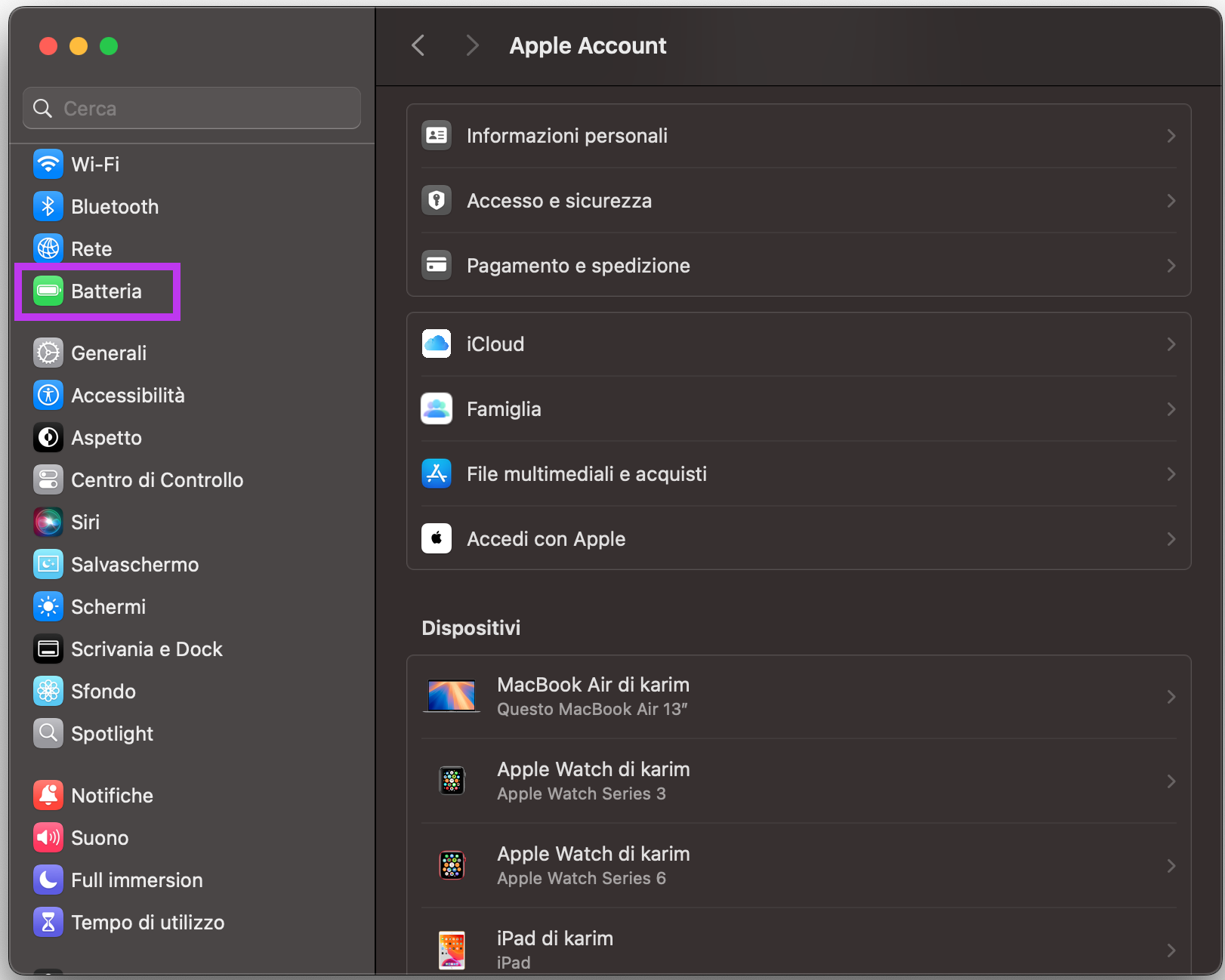 Schermata Preferenze di Sistema su Mac con Batteria evidenziato, parte di una guida su come risolvere il problema dello schermo del MacBook che fa glitch.