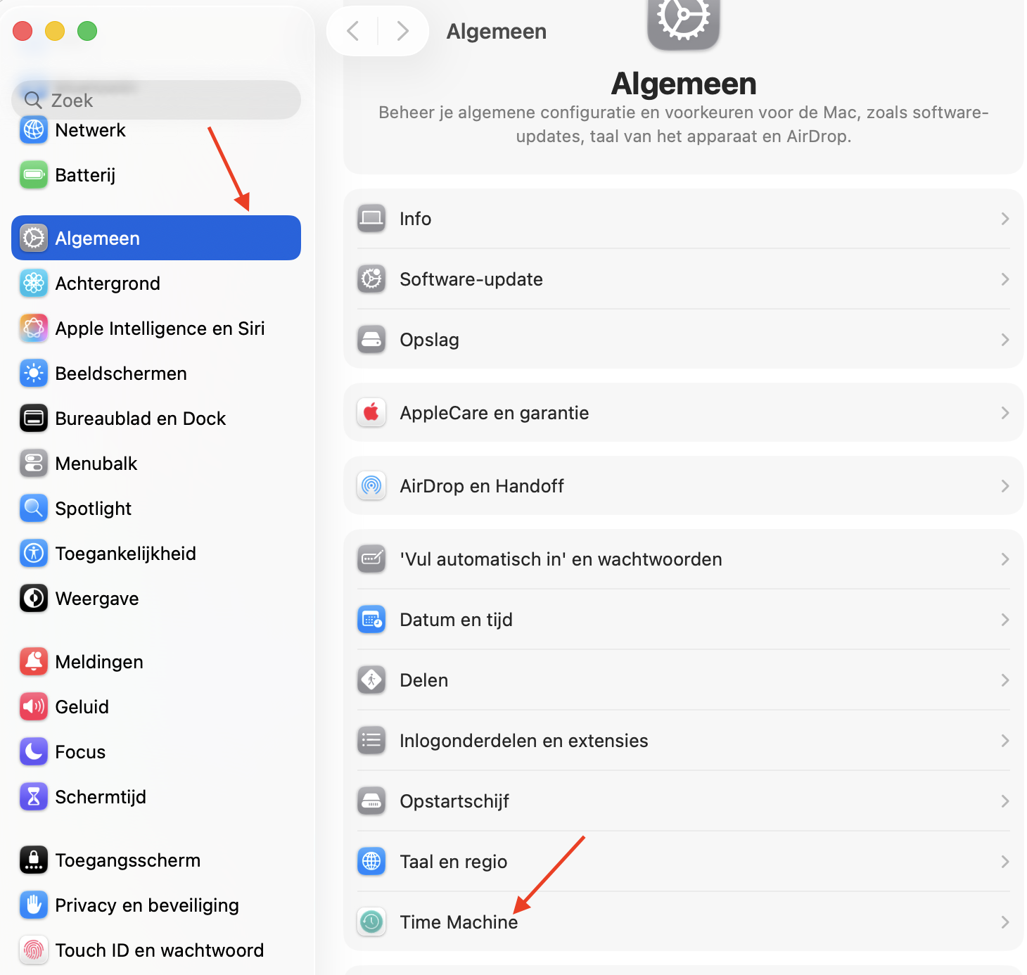Systeeminstellingen op Mac met het menu  Algemeen. Om gegevens van de ene Mac naar een andere Mac te klonen met Time Machine, maak je een reservekopie van de gegevens van je oude Mac op een externe schijf.