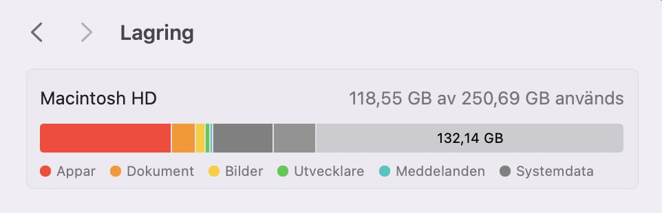 Du kan även behöva kontrollera att din MacBook har tillräckligt med diskutrymme för att undvika problem senare när du installerar den senaste versionen av macOS. Gå till Systeminställningar > Allmänt > Lagring för att kontrollera ditt tillgängliga diskutrymme.