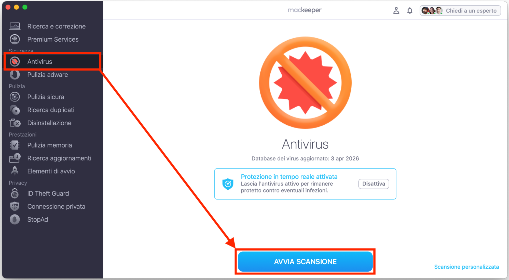 Per rimuovere i virus dal tuo Mac, apri MacKeeper e seleziona Antivirus dal menu laterale. Poi fai clic su Avvia scansione.
