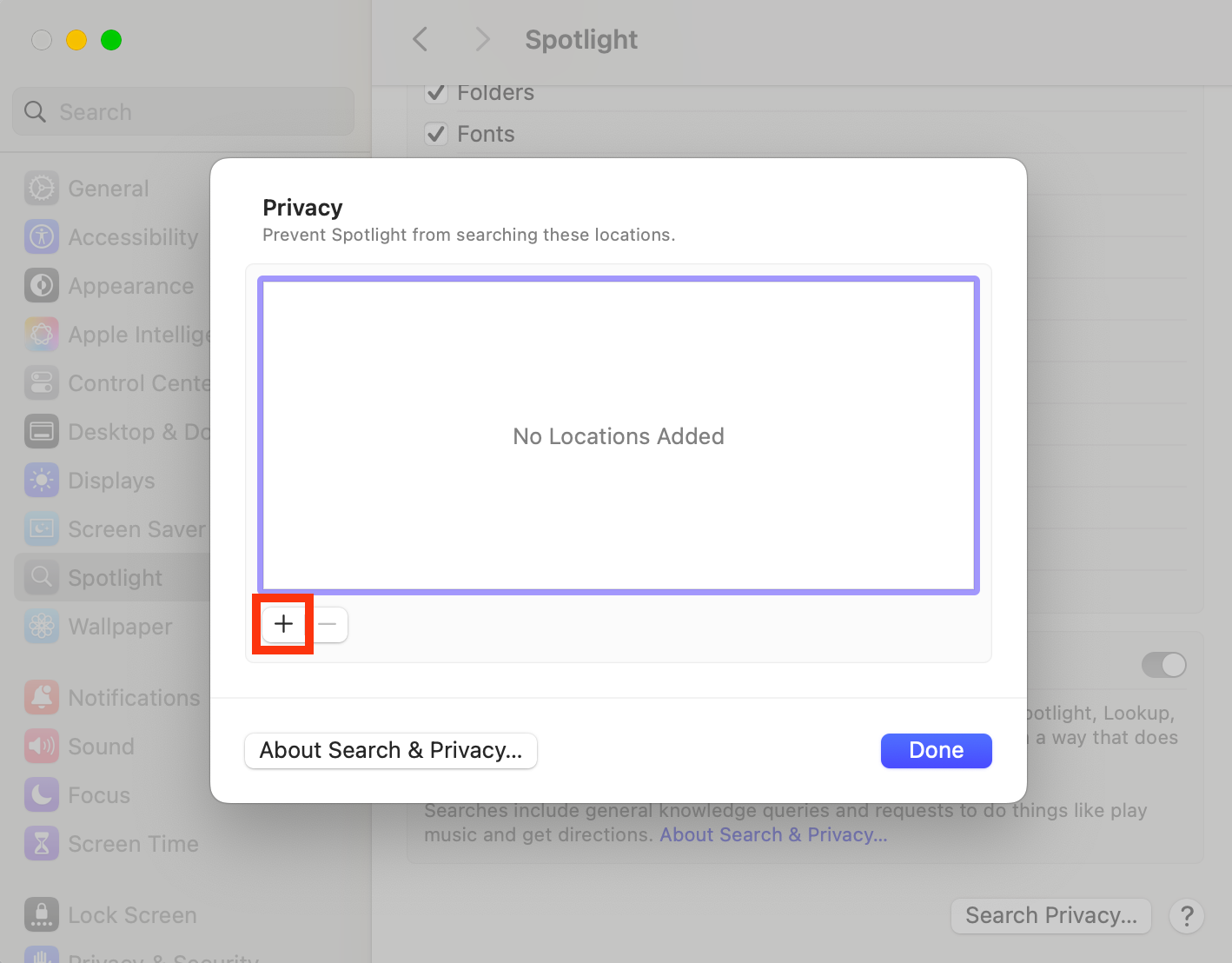 The Privacy window in Spotlight settings on Mac. Here, you can select files and disks that you want to exclude from corespotlightd indexing. By removing them and re-adding them, you force Spotlight to reindex them.