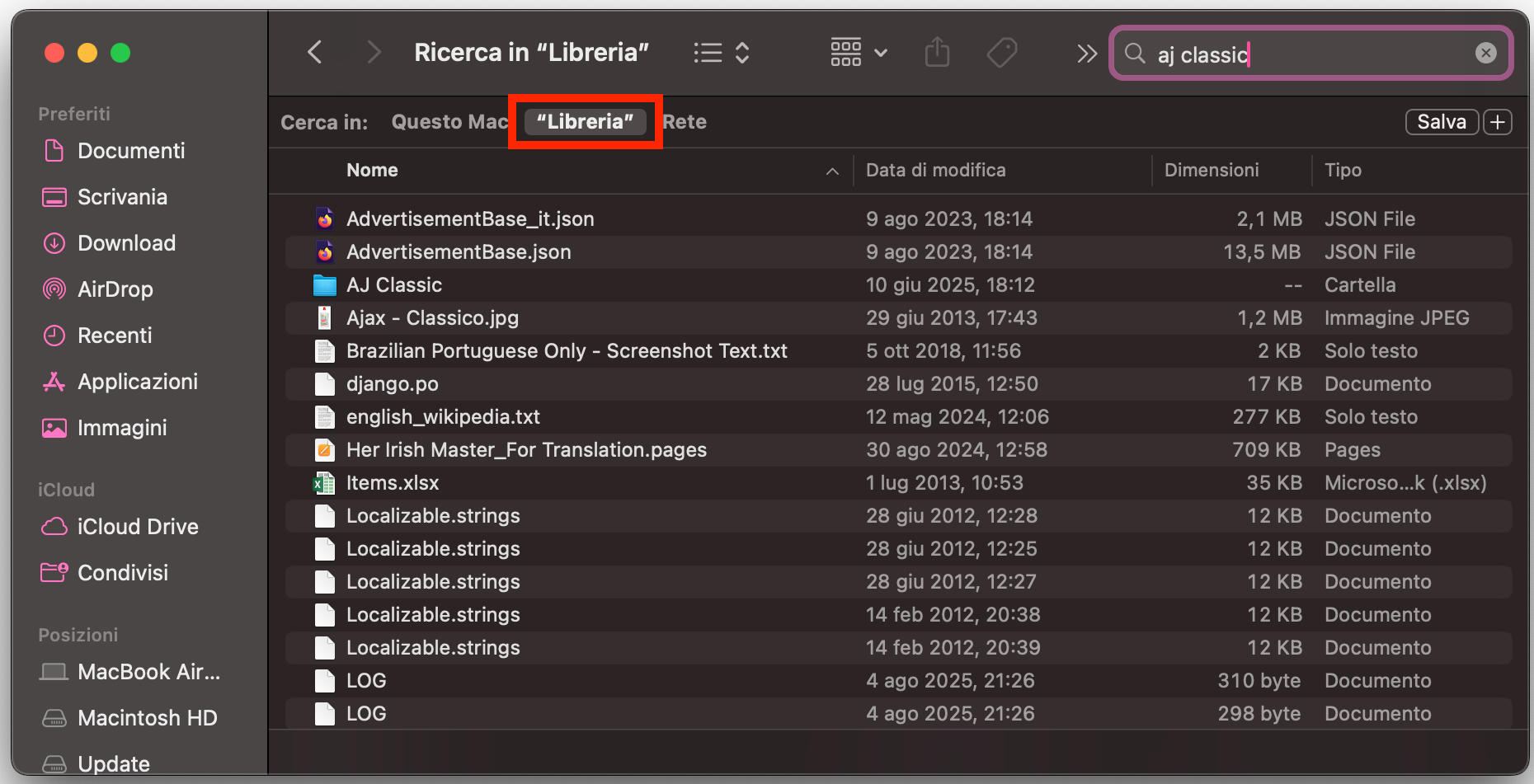 Nella cartella Libreria sono mostrati i risultati della ricerca dei residui di AJ Classic: ora puoi individuarli ed eliminarli dal Mac.