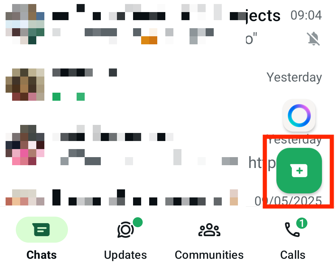 One of the quickest ways to get photos from Android to Mac is to simply send them to yourself using a messaging app. In WhatsApp, for example, click the '+' button to start a new conversation.