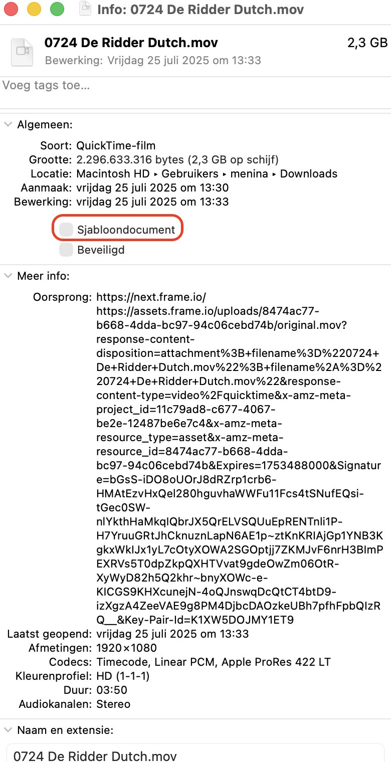 Als je tijdens het bewerken op je Mac een afzonderlijke bestandskopie wilt maken, vink je de optie Sjabloon aan op het tabblad  Algemeen.