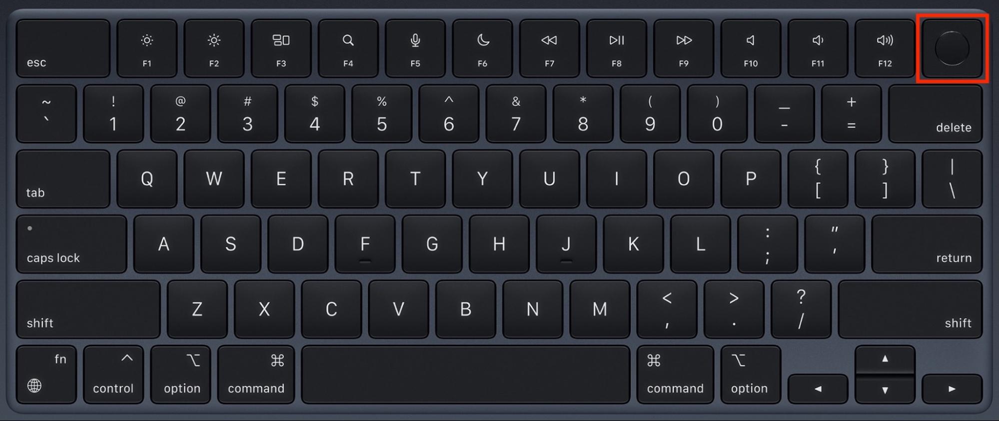 An Apple keyboard on Mac with the power button highlighted. When you find your Mac stuck on the Activate Mac screen, try restarting it by holding down the power button, and then try activating it again.