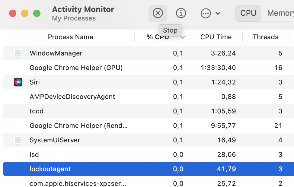 In Activity Monitor, review the list of active applications and background processes running on your Mac, then find unwanted apps or processes consuming a lot of CPU resources and uninstall them.