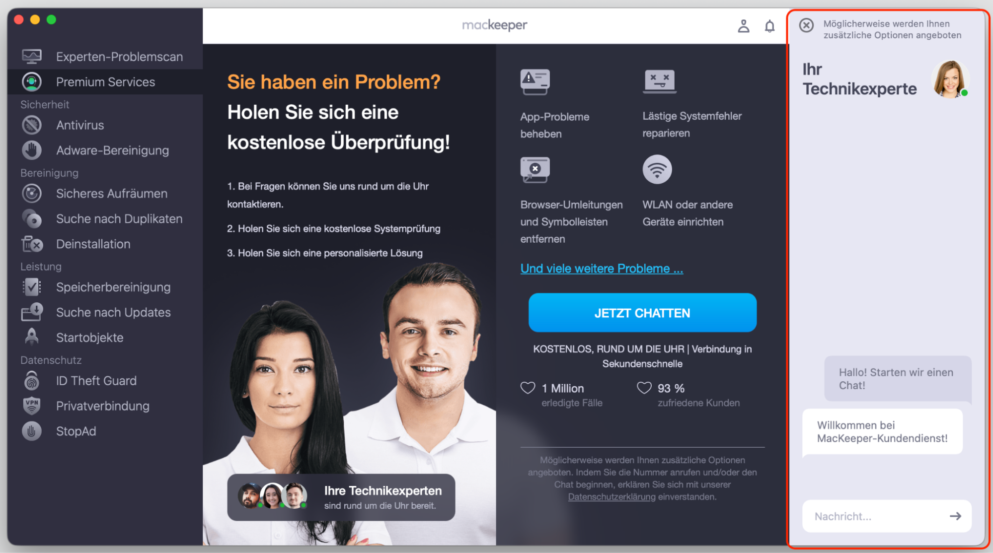 Geben Sie Ihr Problem in ein Chat-Feld ein und warten Sie auf die Antwort.
