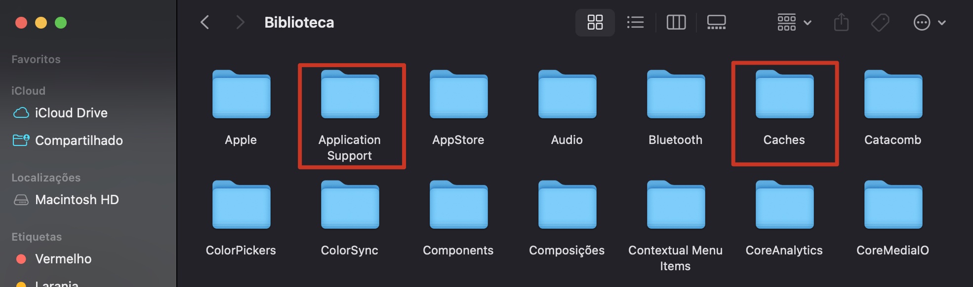A pasta Biblioteca no Finder do Mac. Aqui você encontrará arquivos residuais de software, que podem ser excluídos se não forem mais necessários.